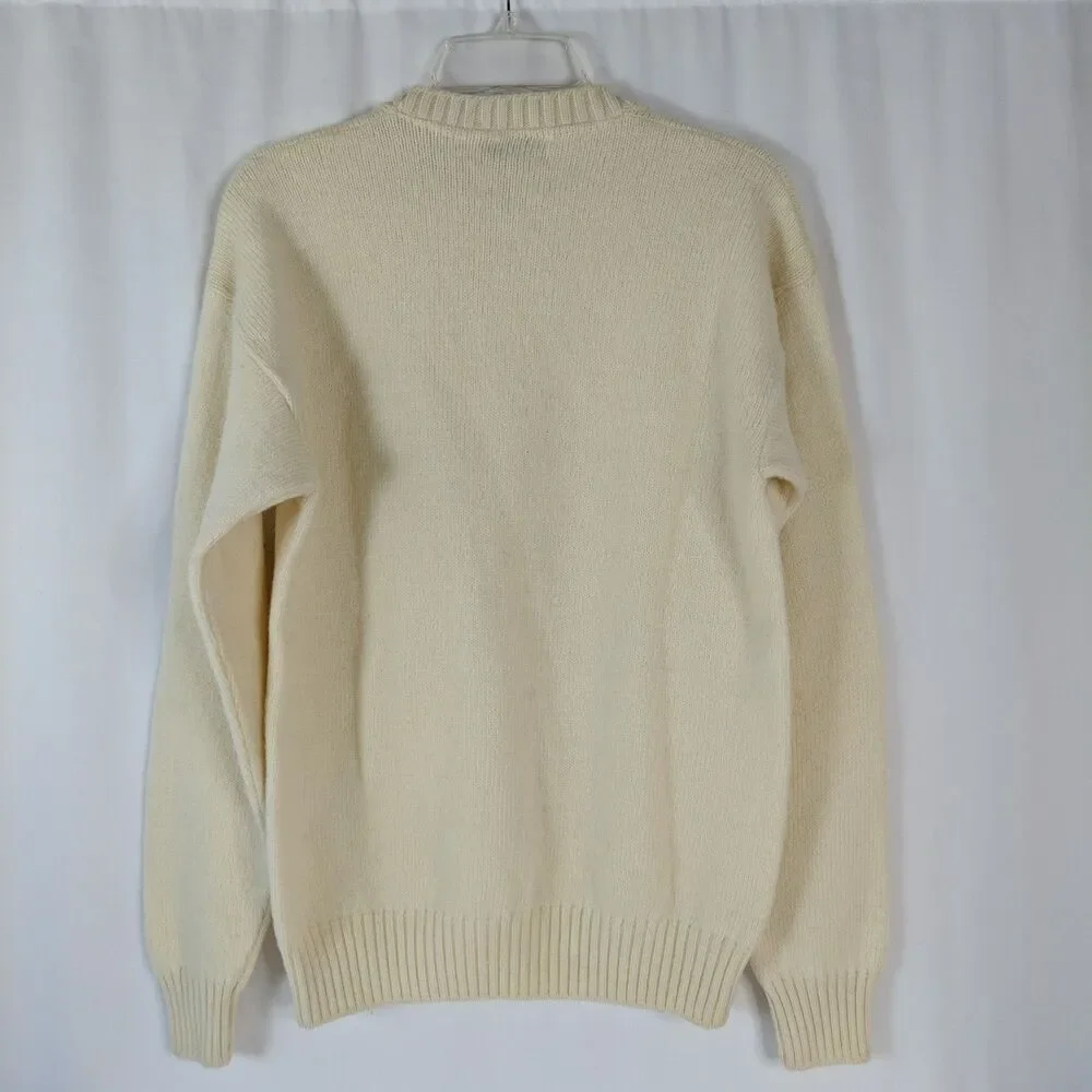 LL Bean Vintage Ivory Sweater Pure New Wool Crew Neck Men Size Medium